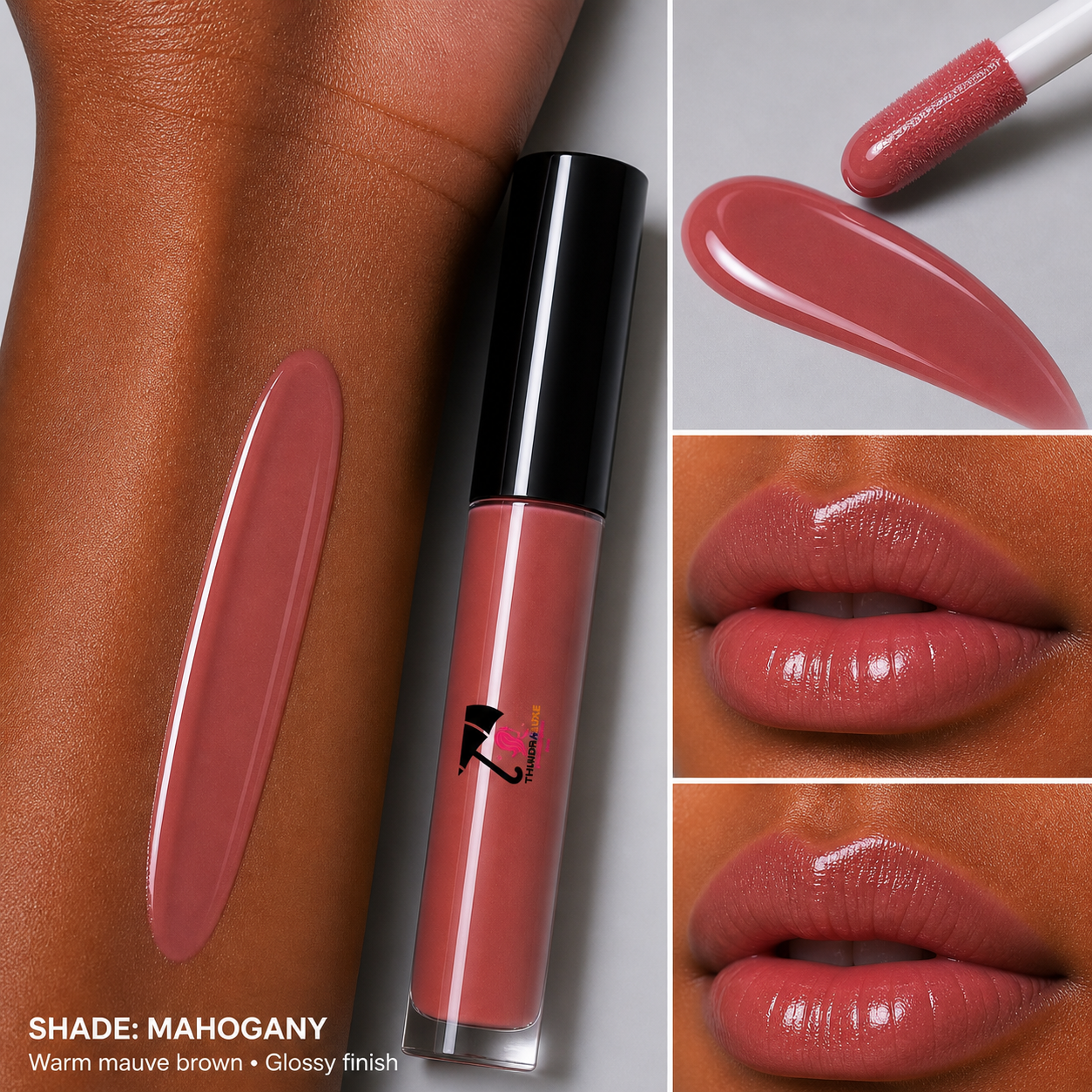 Lip gloss with applicator and swatches on skin and lips, labeled 'Shade: Mahogany'.