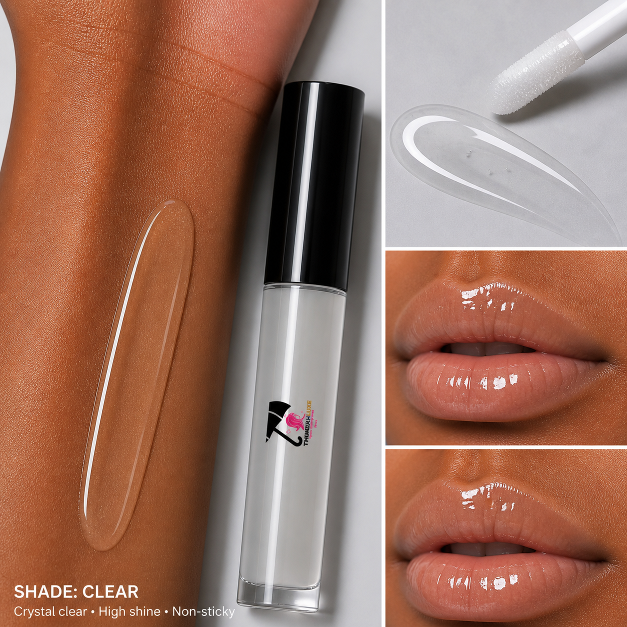 Clear lip gloss with application on lips and close-up of product