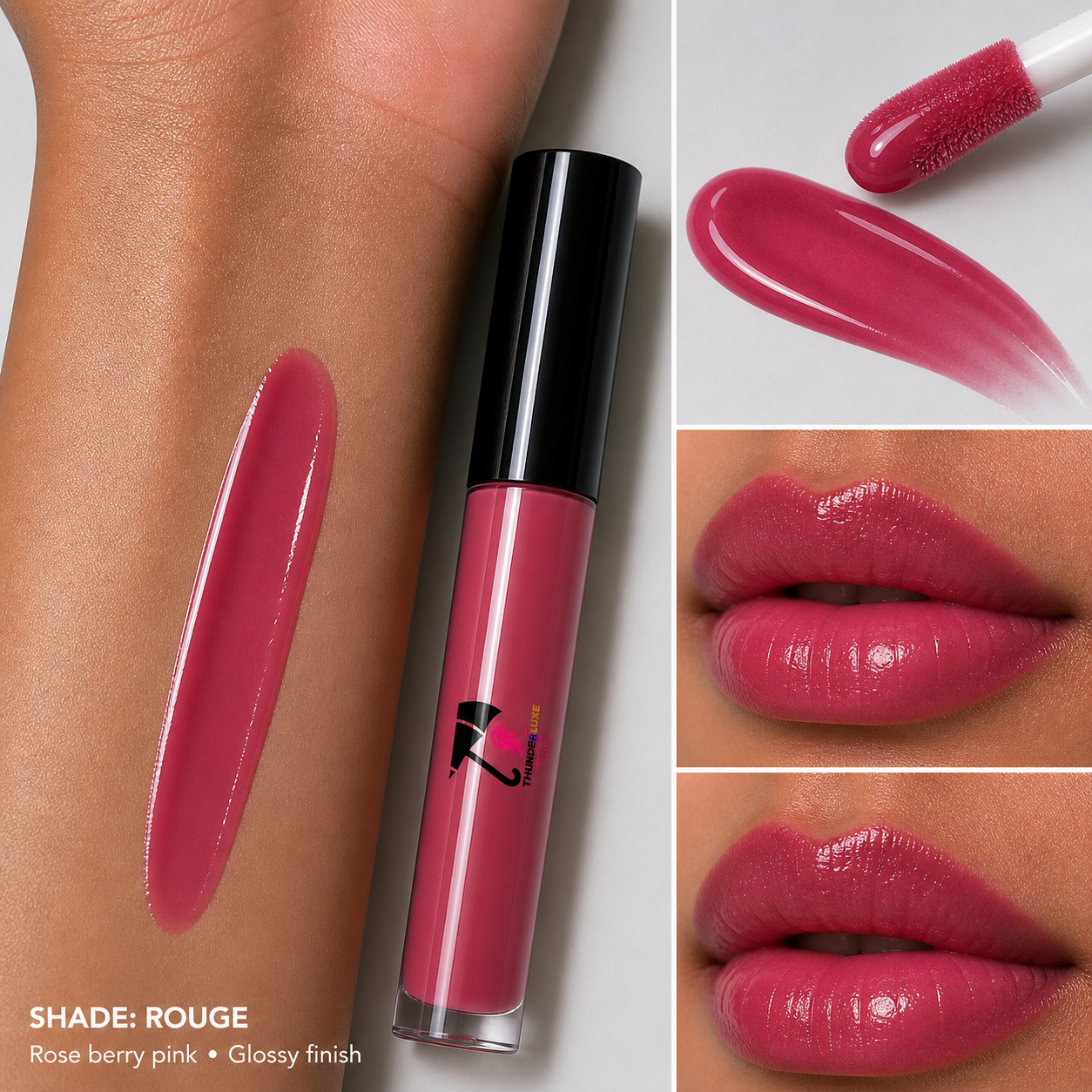Lip gloss with applicator, swatches, and close-up of lips wearing the product.