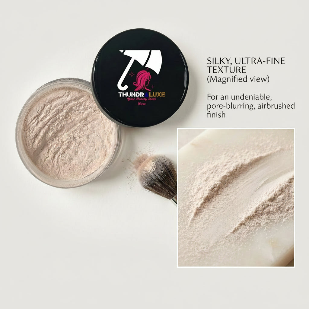 Thunder Luxe airbrushed blur finishing powder with a brush and product texture close-up on a light background.