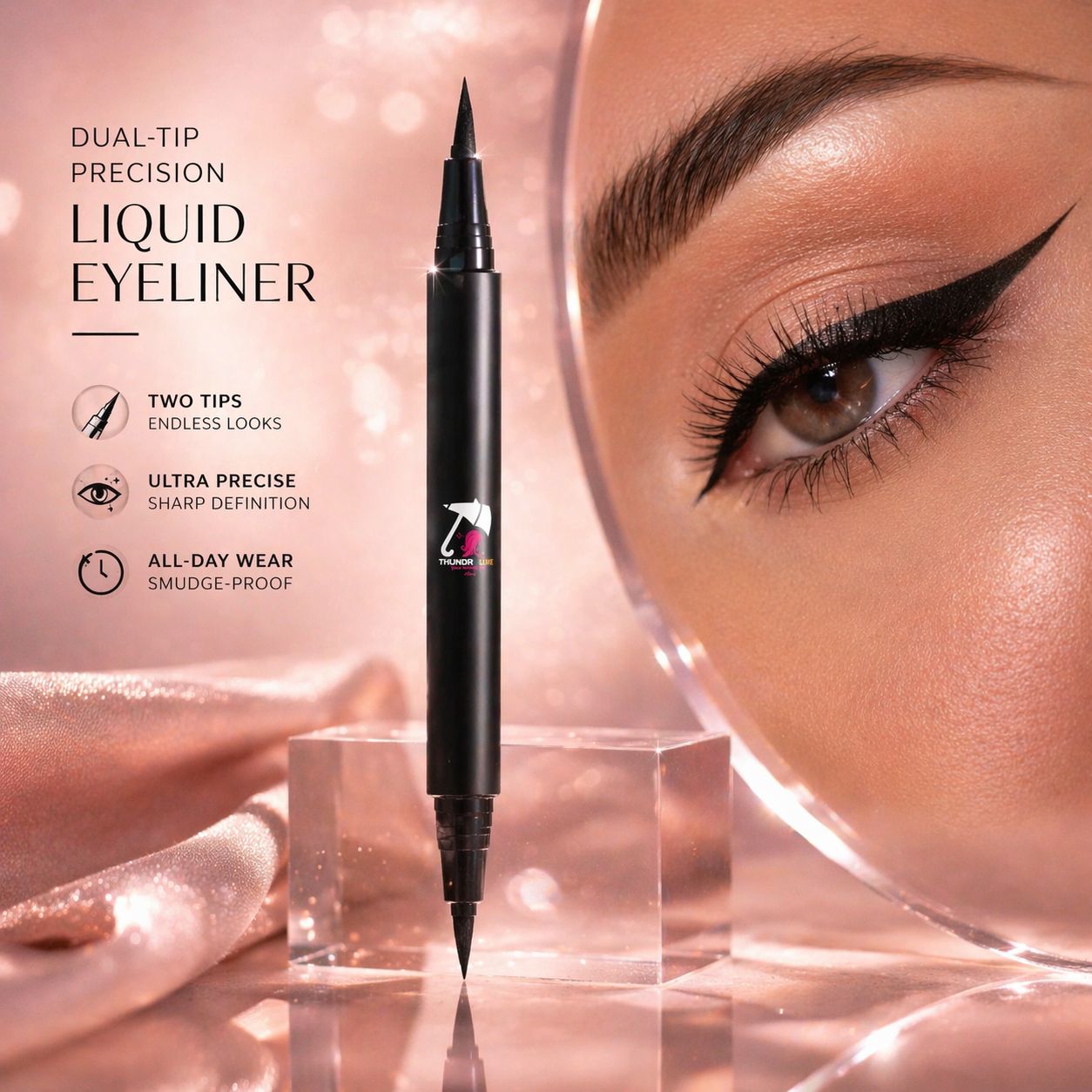 Dual-tip precision liquid eyeliner with close-up of eye wearing it on a pink gradient background