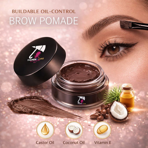 Brow pomade with ingredients and packaging on a pink background