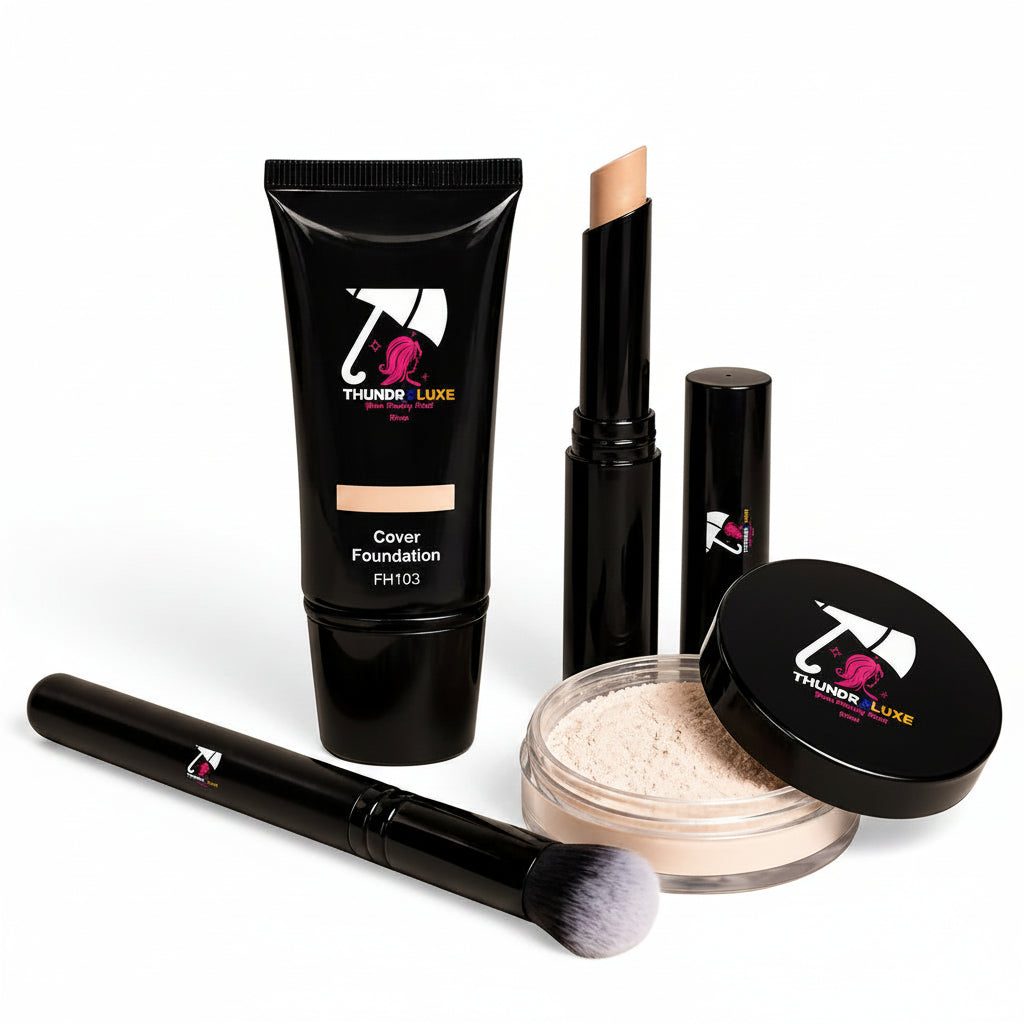 Makeup products including a foundation stick, concealer, powder, and brush with 'Thunder Luxe' branding on a light background.