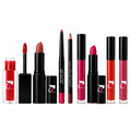 Collection of lip products including lipsticks and lip liners with visible brand logo on a white background
