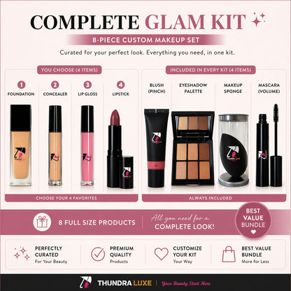 Promotional graphic for a 'Complete Glam Kit' with various makeup items and Thundra Luxe branding.