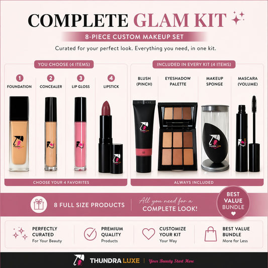 Promotional graphic for a 'Complete Glam Kit' with various makeup items and Thundra Luxe branding.