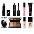 Collection of makeup products with a brand logo on a white background