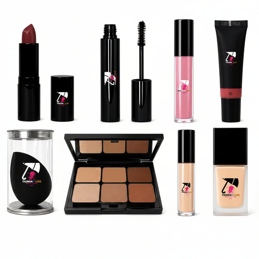 Collection of makeup products with a brand logo on a white background