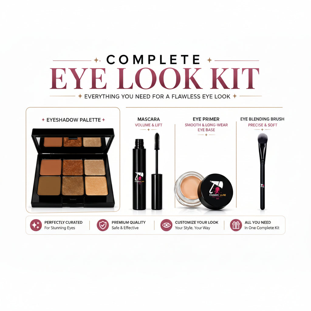 Complete eye look kit with eyeshadow palette, mascara, and other eye makeup products on a white background.