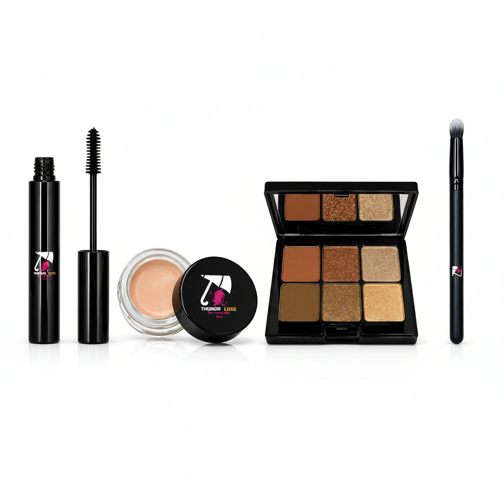 Makeup products including a mascara, eyeliner, cream, compact powder, and brush on a white background.