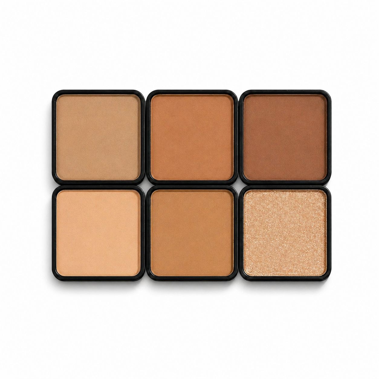 Six brown color swatches in a black rectangular case on a white background