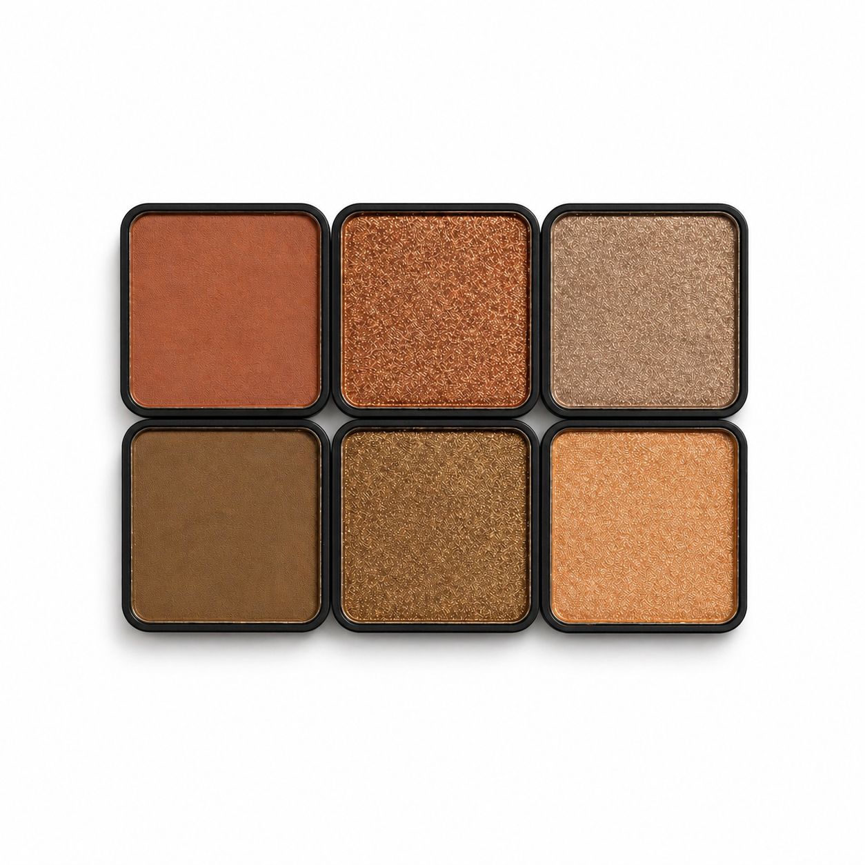 Six brown color swatches in a black rectangular case on a white background