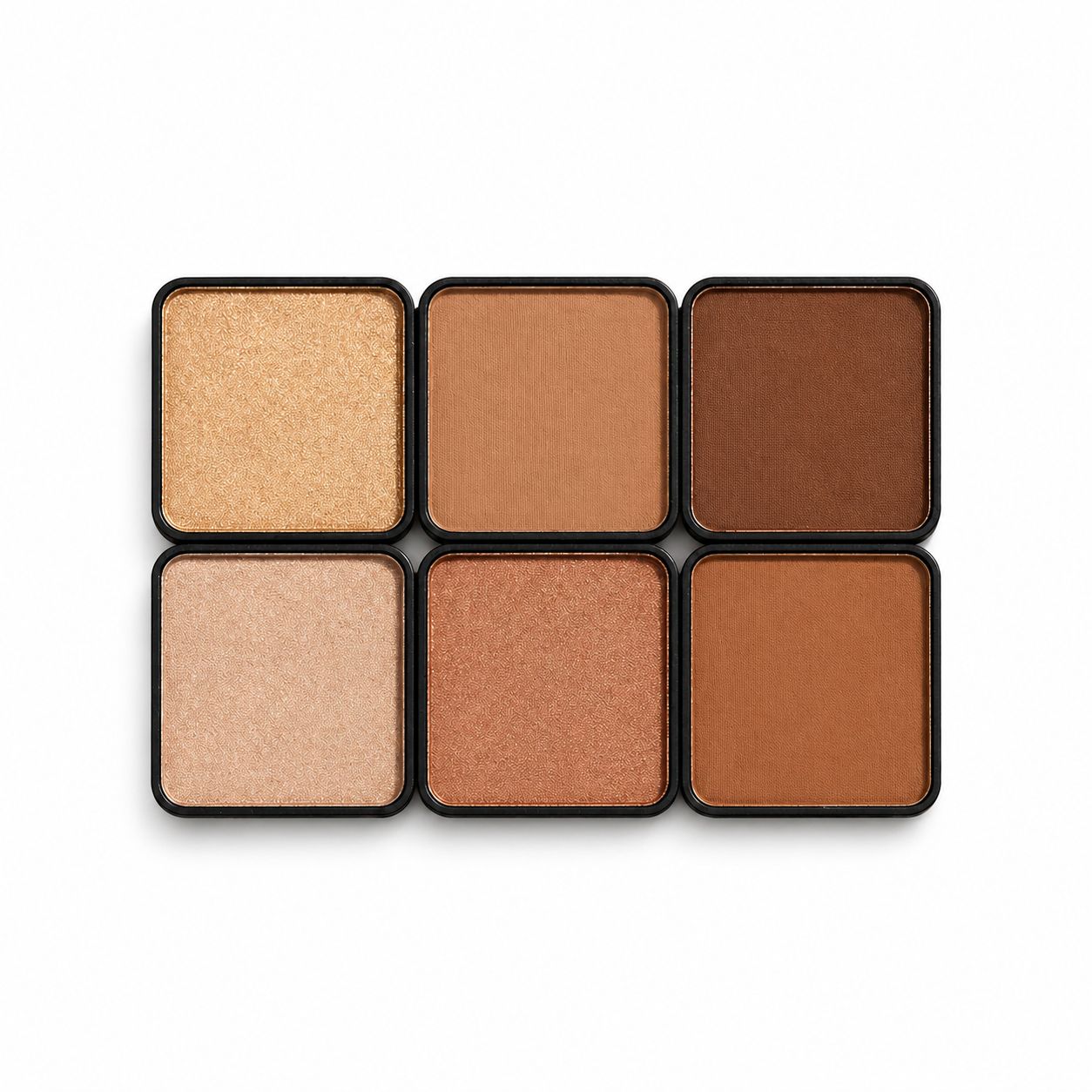 Set of six makeup compact cases with different shades of brown on a white background