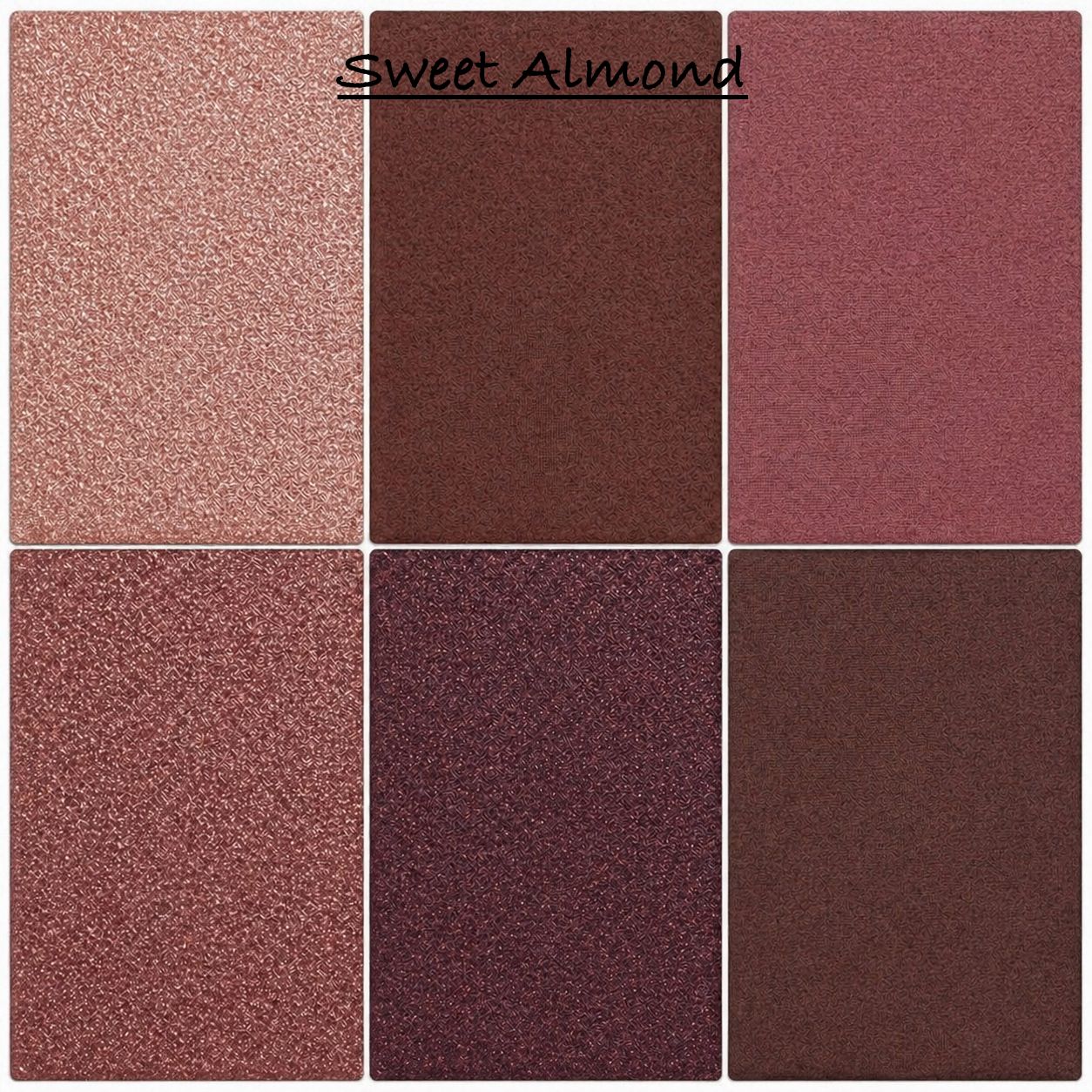 Color swatches of 'Sweet Almond' shade in various textures and finishes.