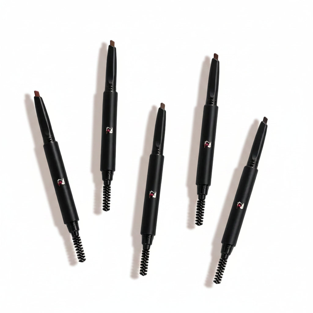 Five black eyebrow pencils with刷毛 on a light gray background