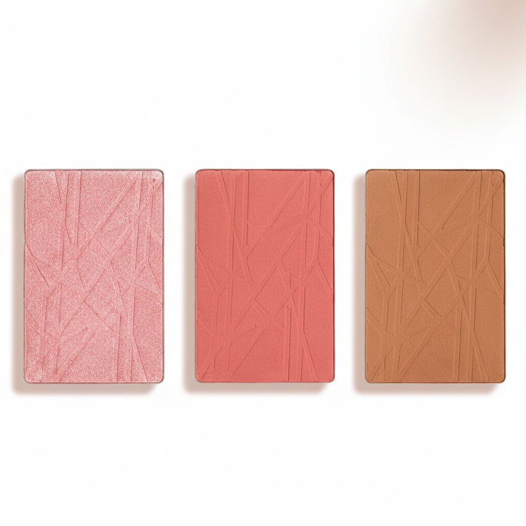 Three rectangular blush products in pink, peach, and brown on a white background