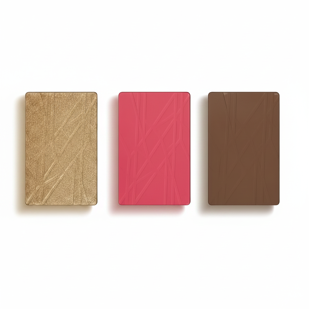 Three rectangular wooden coasters in gold, pink, and brown on a white background