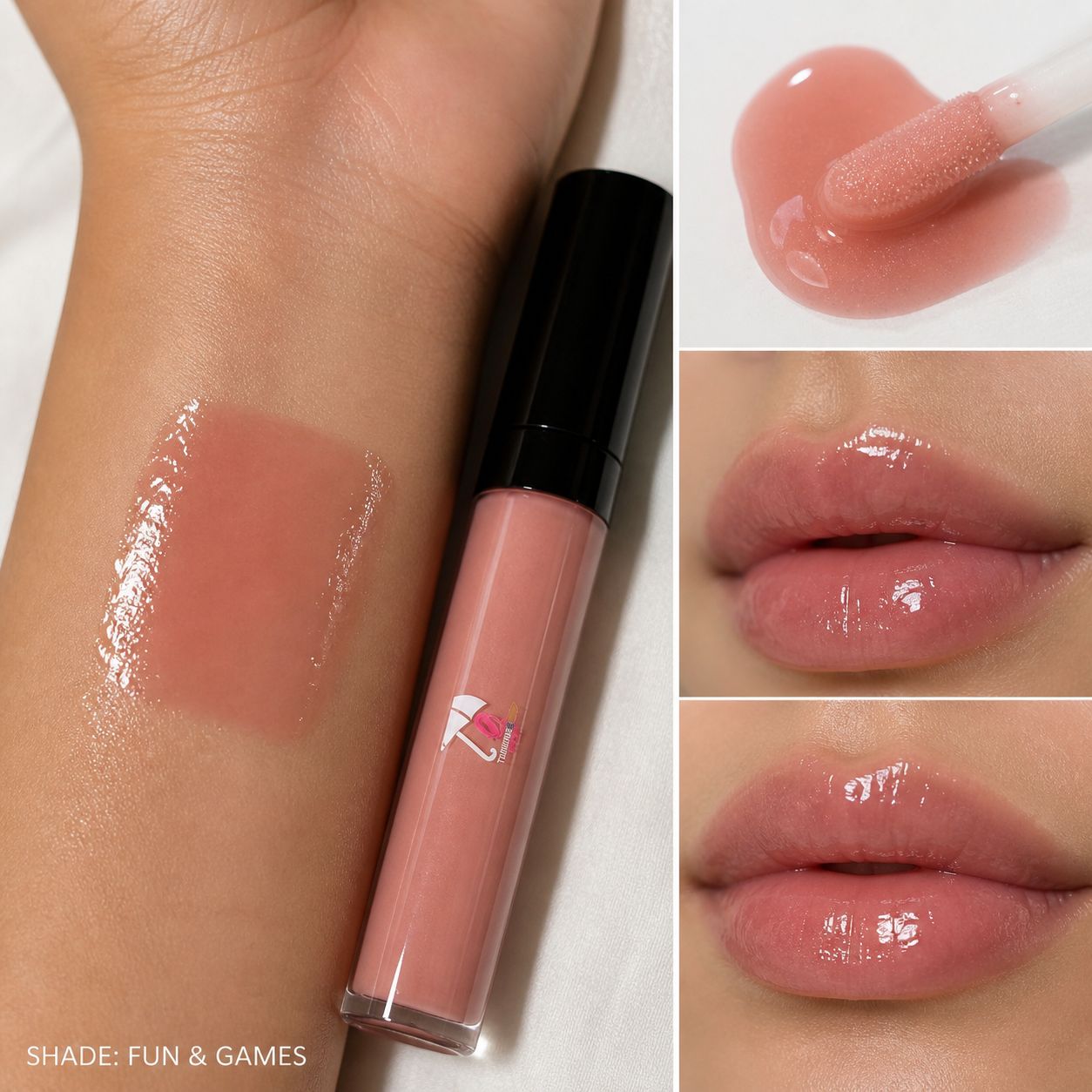 Lip gloss with application on arm and lips, showing color shade 'Fun & Games'.