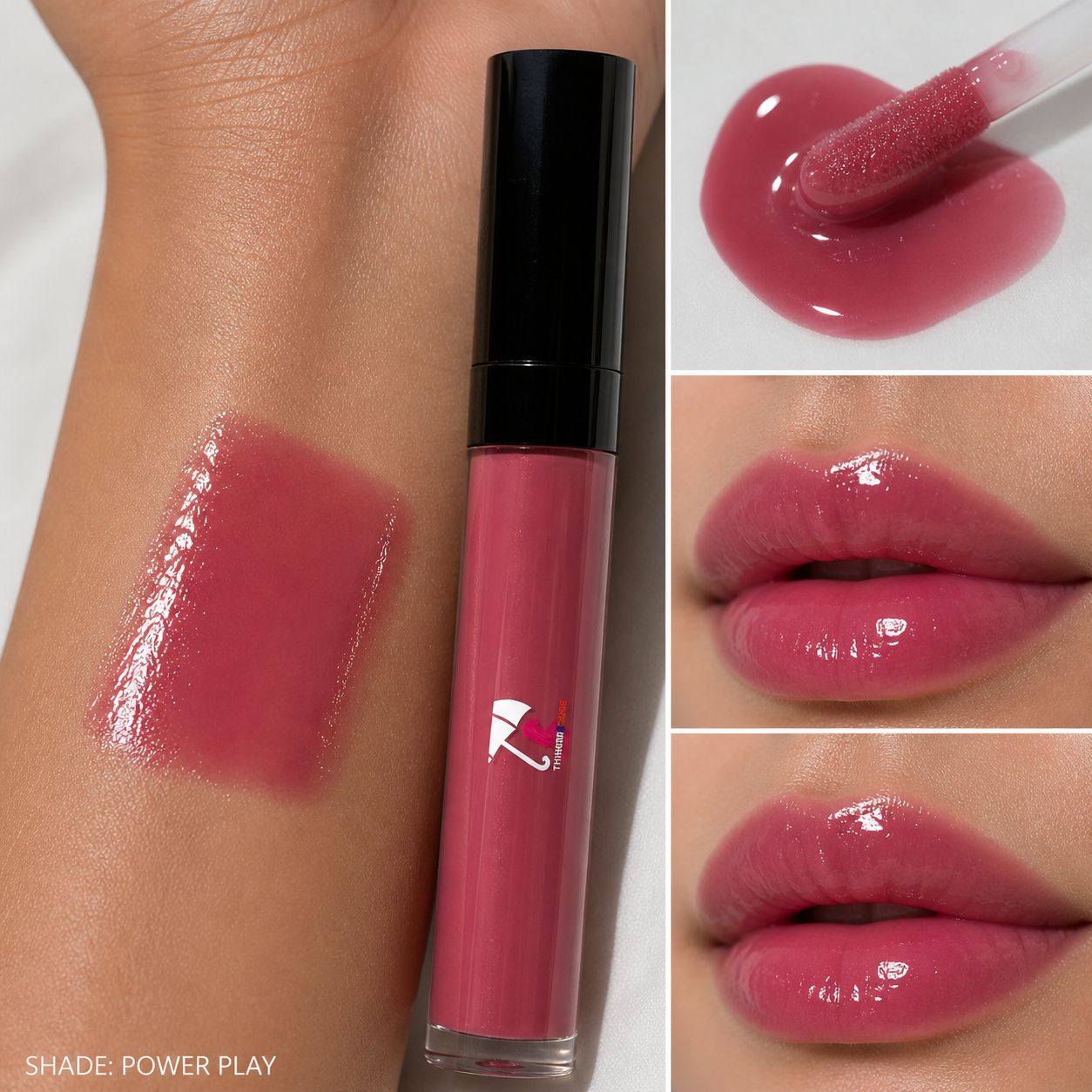 Collage of a pink lip gloss with application on skin and lips.