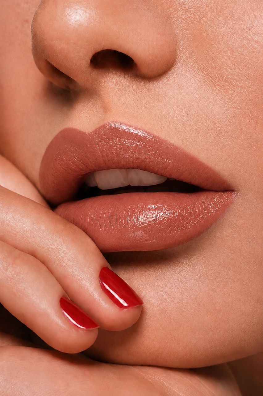 Close-up of a woman's lips with a focus on color and texture.