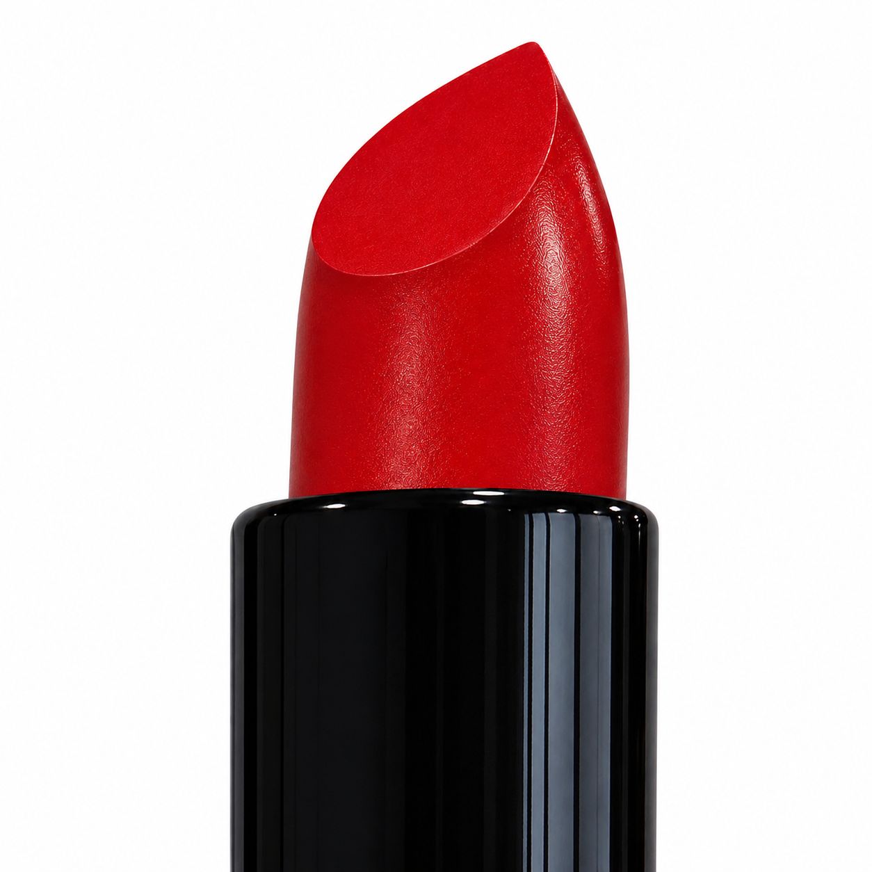 Red lipstick with black casing on a white background