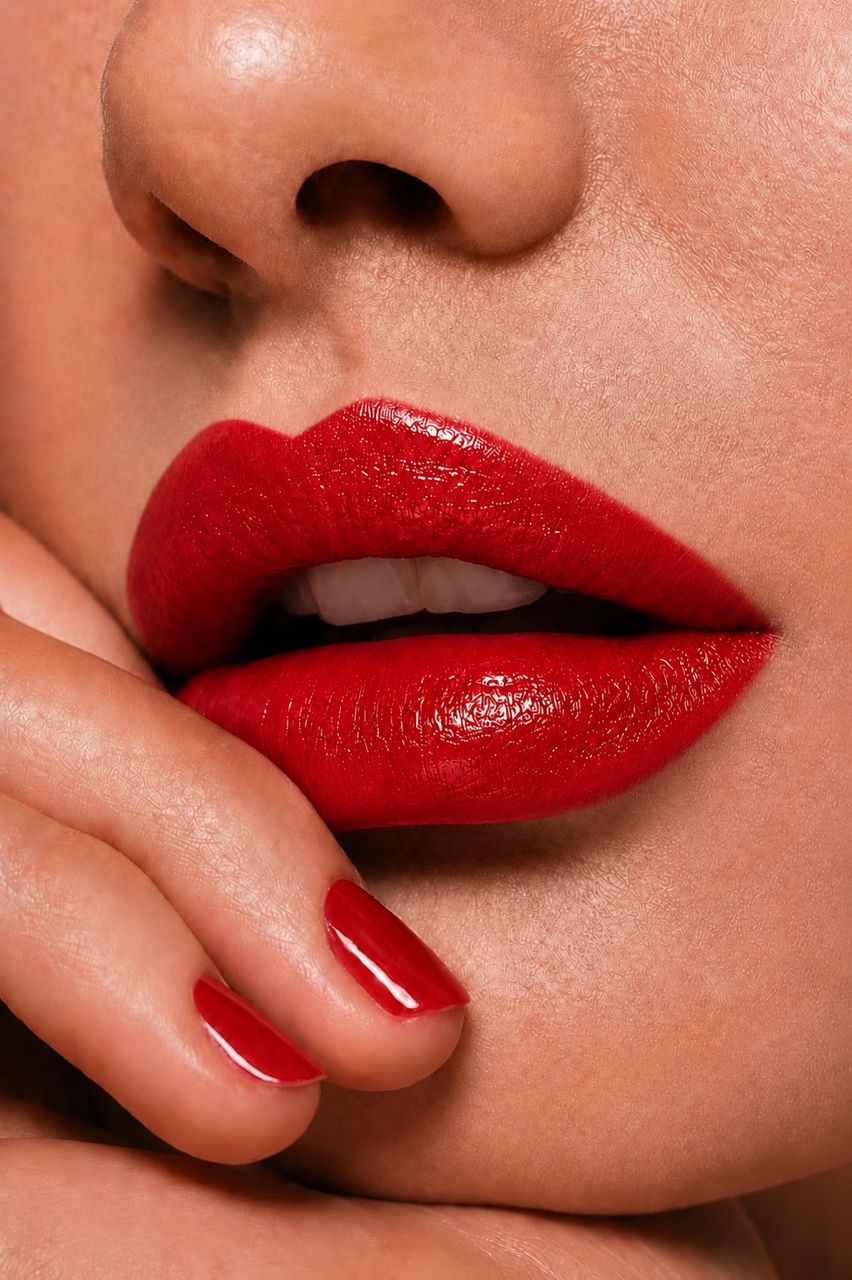 Close-up of a person wearing bright red lipstick with a focus on the lips and part of the nose.
