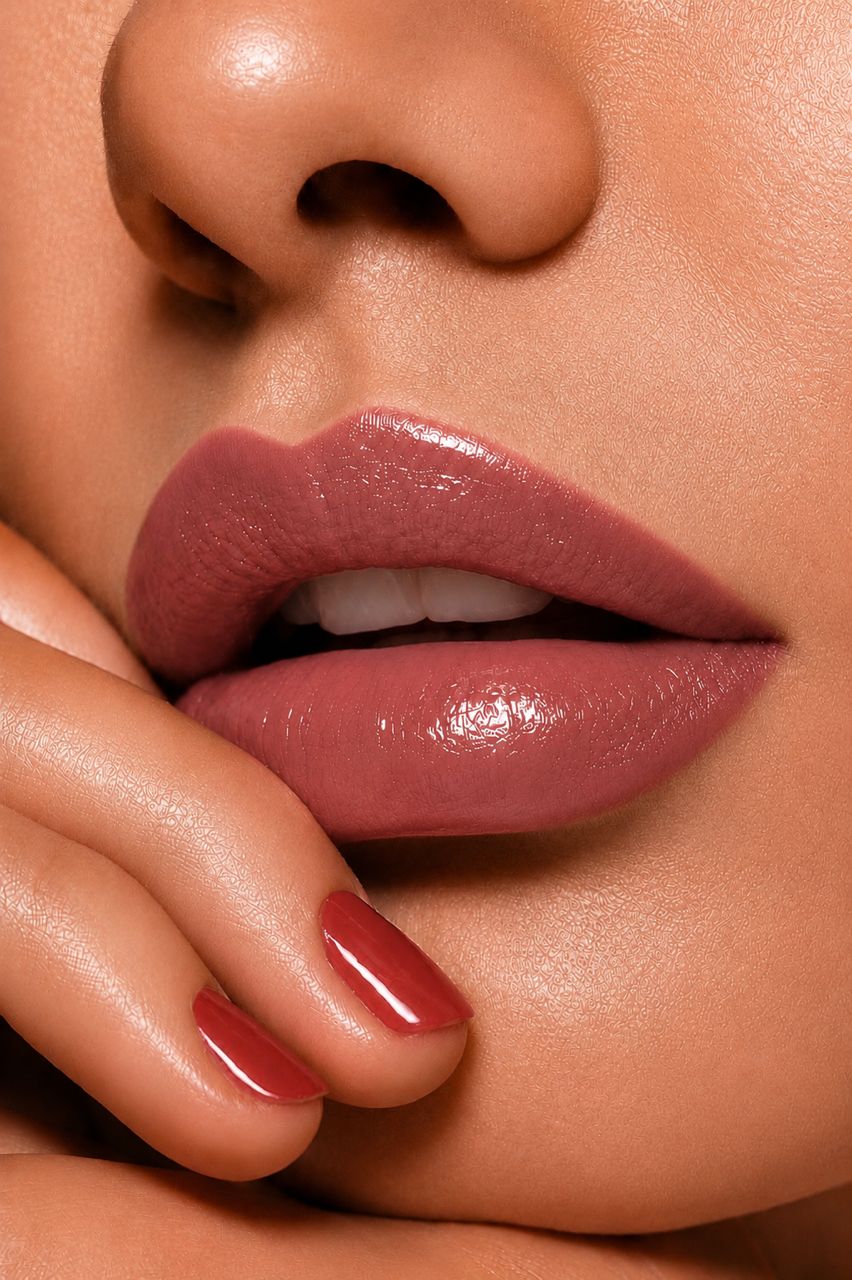 Close-up of a person's lips with a focus on a specific shade of lipstick.