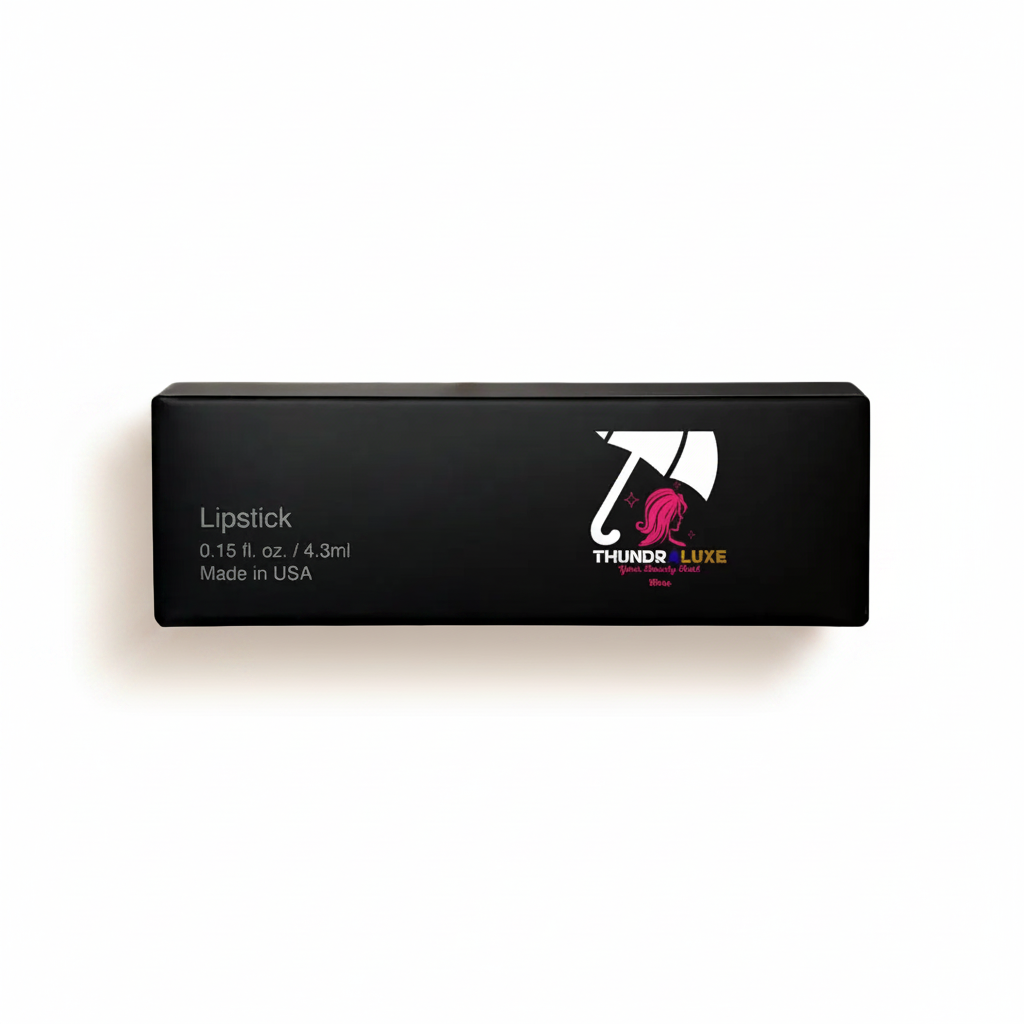 Black lipstick case with 'Thunder Luxe' branding on a white background